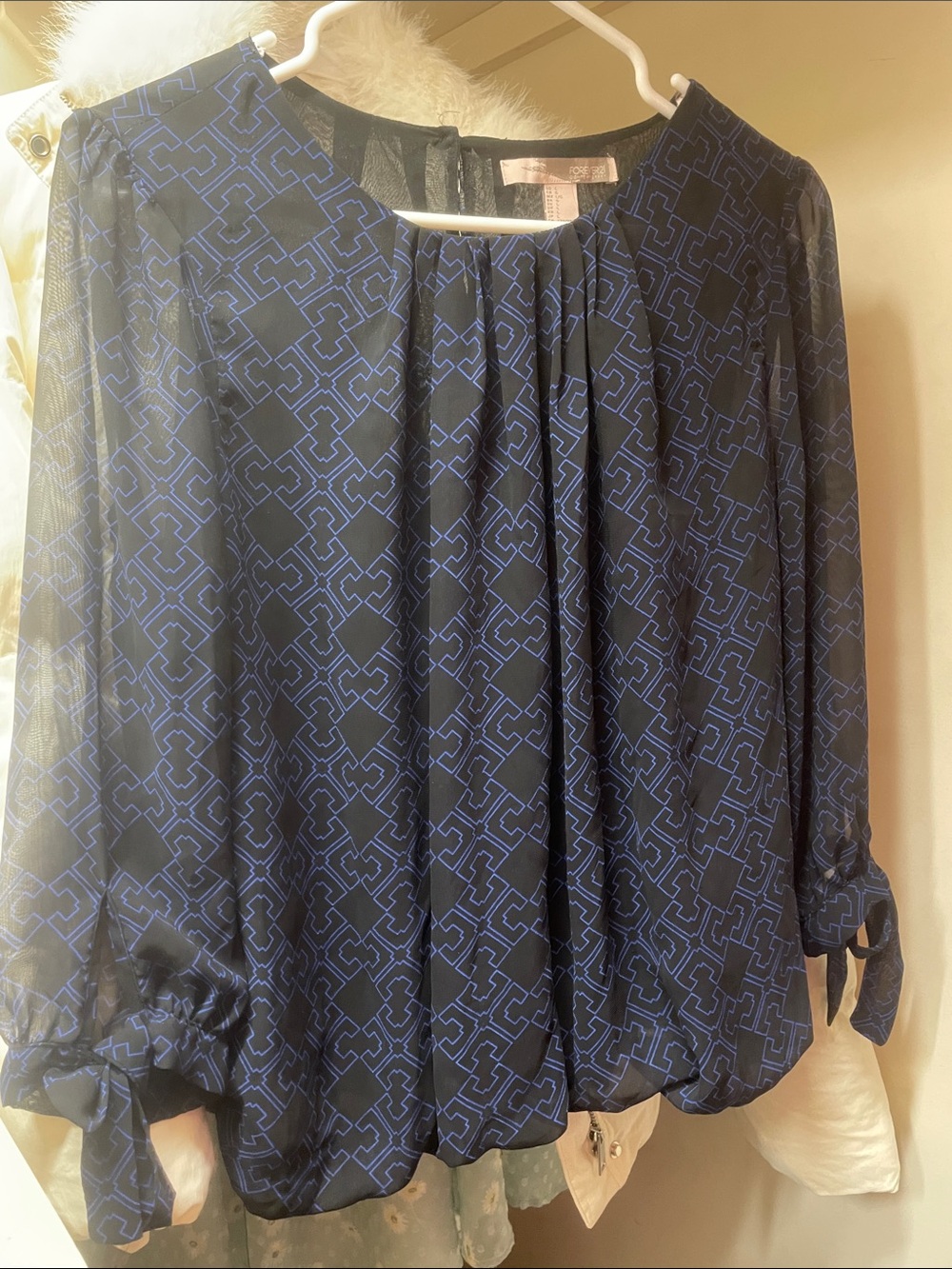 Forever 21 Black and Blue Geometric Tie-Cuff Blouse